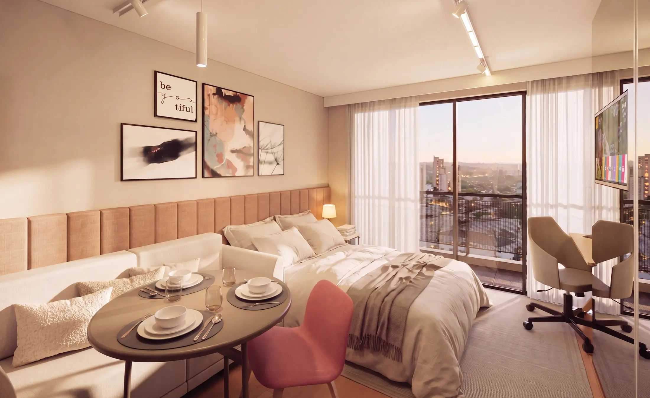 Studio com living, dormitório e varanda